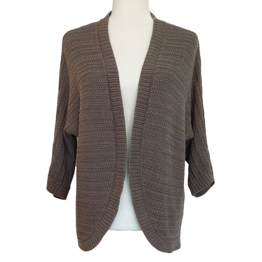 Chico's Brown Open Knit 3/4 Dolman Sleeve Open Front Cocoon Cardigan Boho
